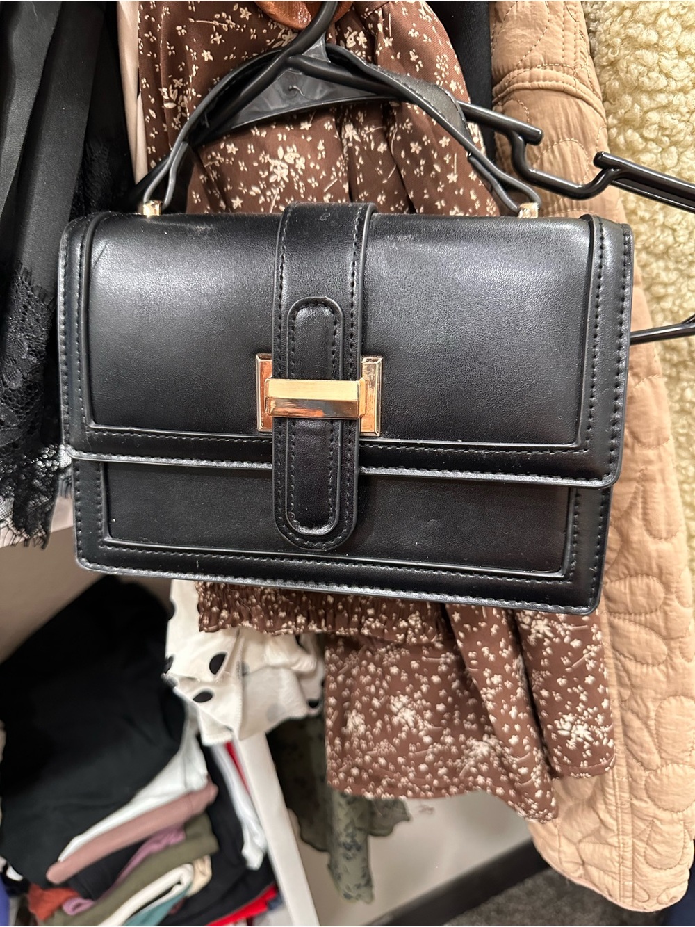 Classic Black Leather Top-Handle Bag with Gold Accent